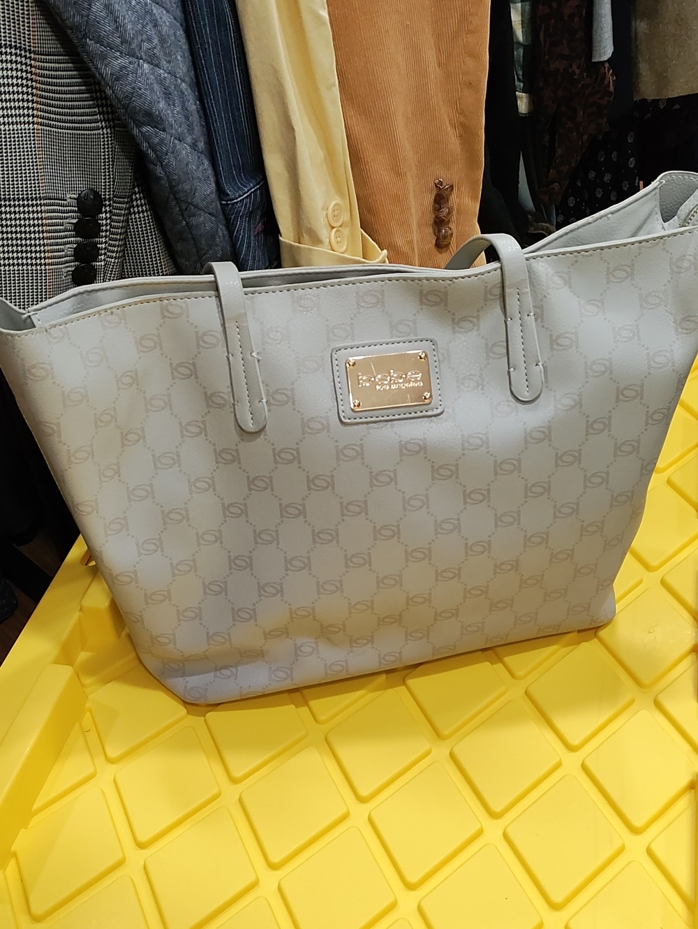 bebe Light Gray Tote with Gold Logo Plaque